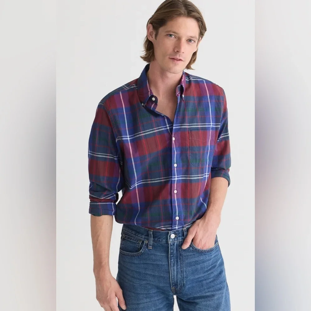 J. Crew Secret Wash Slim Cotton Poplin Plaid Long Sleeve Button Down Size Medium